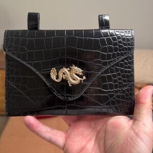 Black Croc Embossed Clutch with Gold Dragon